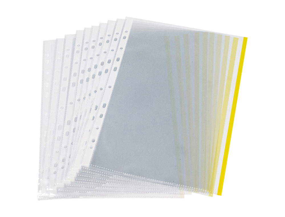 FUNDA MULTITALADRO Q-CONNECT DIN A4 70 MC PP CRISTAL CON BORDE AMARILLO BOLSA DE 10 UNIDADES