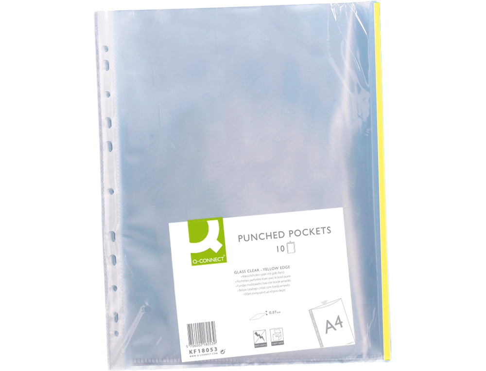 FUNDA MULTITALADRO Q-CONNECT DIN A4 70 MC PP CRISTAL CON BORDE AMARILLO BOLSA DE 10 UNIDADES